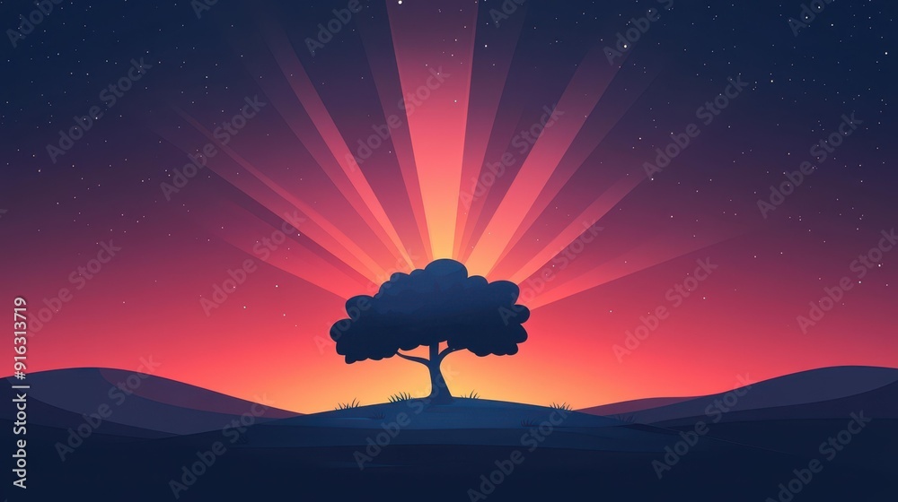 Poster A stunning illustration of a serene nature landscape, featuring soft rays filtering through the trees in a twilight glow.