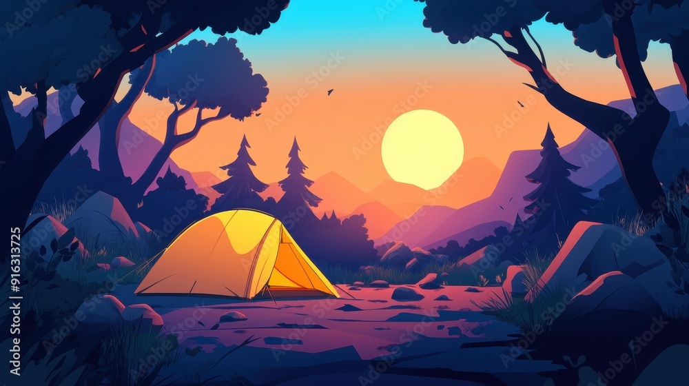 Sticker Experience a serene campsite at sunset, featuring a vibrant yellow tent nestled in a beautiful forest landscape.