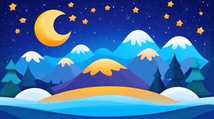 A dreamy night landscape with starry skies, a glowing moon, and snowy mountains awaits your imagination in this whimsical artwork.
