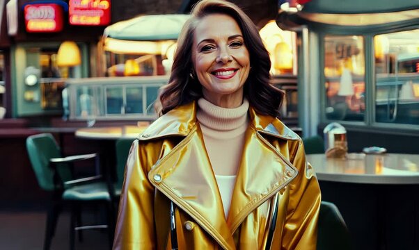 Full-length portrait video of a pleased woman in her 30s wearing a vibrant raincoat against a diner or retro restaurant background