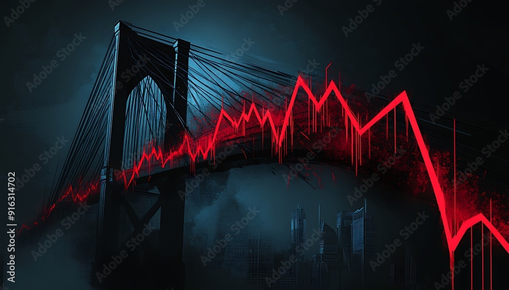 Poster illustration of a collapsing bridge under a downward-trending line symbolizing economic weakness