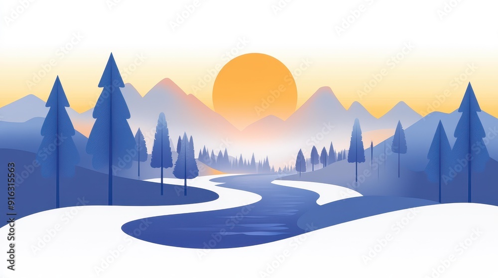 Wall mural A serene vector scene of a misty forest with tall trees and a calm river, perfect for a tranquil morning vibe.