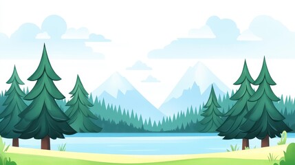Fototapeta premium A serene watercolor portrayal of lush green pine trees reflecting near calm waters, evoking tranquility and natures beauty.
