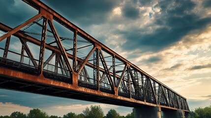 Fototapeta premium Railway bridge spanning over a river in the morning with steel architecture and a city skyline in the background