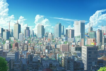 Fototapeta premium Urban Utopia: Anime-Style Cityscape Representing the Ideal City Environment for Abstract and Conceptual Art in Gaming and Storytelling