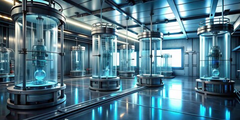 Fototapeta premium Futuristic rendering of a sci-fi laboratory glass tube with high tech background and cryogenic tanks