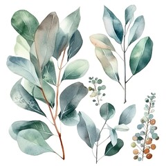 Watercolor Painting of Green Leaves and Berries.