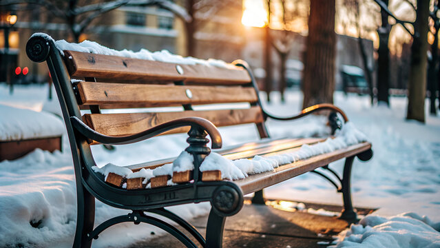 snow-covered bench surrounded by tall trees, illuminated by the warm glow of a sunset in winter.