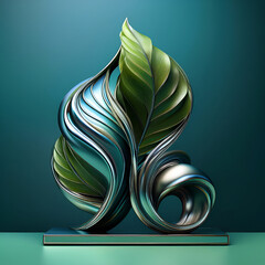 Abstract Sculpture of Green Foliage and Metallic Fluidity