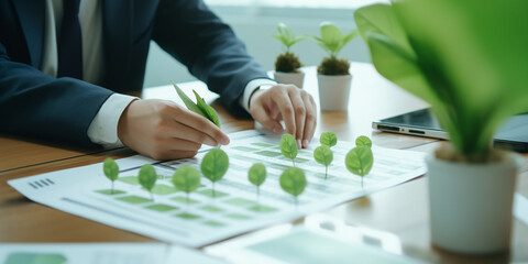 Businessman planning environmental protection initiatives for clean and sustainable future ecology.