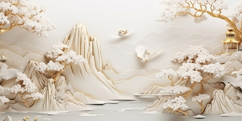 Volumetric stucco molding on a concrete wall with golden elements, Japanese landscape, waterfall, mountains, sakura.