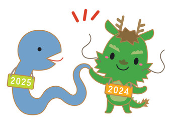 巳年・辰年 干支交代キャラクターイラスト/ハイタッチ01・線あり