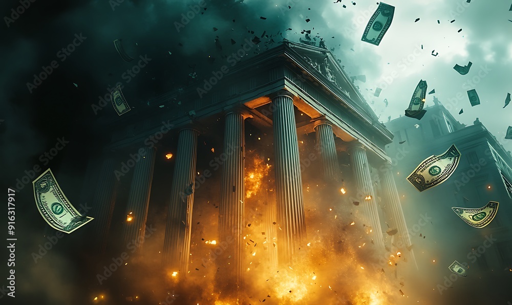Poster 3D Rendering of Collapsing Financial Building with Falling Currency Symbols Representing Crisis