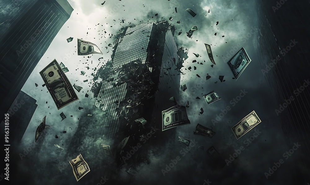 Aufkleber 3d rendering of collapsing financial building with falling currency symbols representing crisis