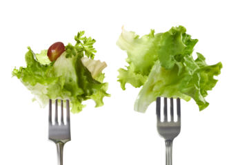 Two forks holding fresh green lettuce with a cherry tomato, representing healthy eating and culinary creativity.