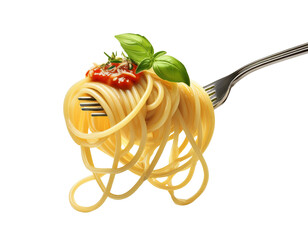Delicious spaghetti served on a fork, topped with fresh basil and rich tomato sauce, perfect for culinary presentations.