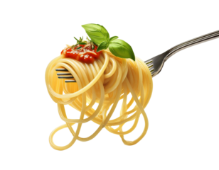 Delicious spaghetti served on a fork, topped with fresh basil and rich tomato sauce, perfect for culinary presentations.