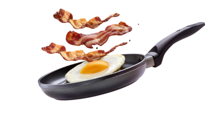 A delicious combination of crispy bacon and a sunny-side-up egg in a frying pan, perfect for a hearty breakfast.