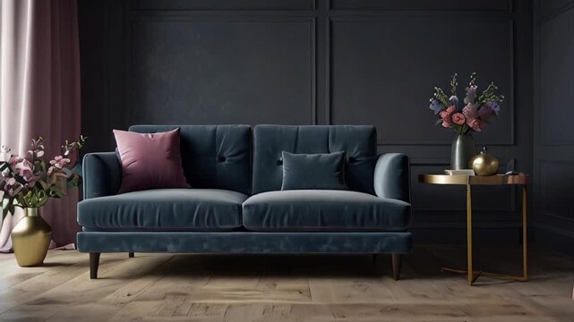  a Blue elegant purple sofa with a side table and flowers