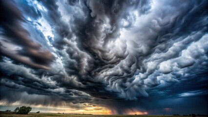 Ominous stormy sky with heavy clouds, creating a dramatic and creepy atmosphere, storm, hurricane, wind, rain, clouds, ominous, scary