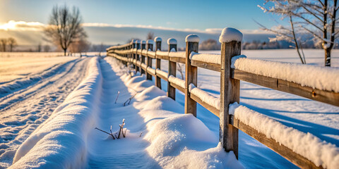 Rustic wooden fence in a snowy field