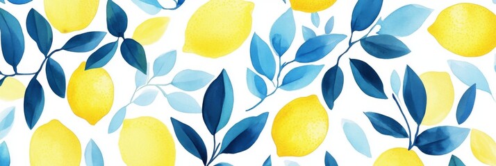 Vibrant Lemons and Blue Leaves Pattern on White Background: A Refreshing and Lively Design Perfect for Summer and Tropical Themes