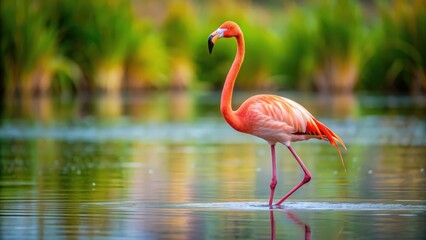 Pink flamingo gracefully standing in a shallow water habitat, flamingo, pink, bird, wildlife, nature, water, graceful