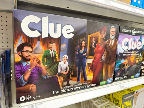 Clue board game on a market shelf by Hasbro Games.