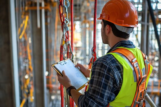 Authorise auditor personal wearing side impact safety helmet standing inspecting an inertial reel fall arrest, fall restraint equipment at training centre attached with structure
