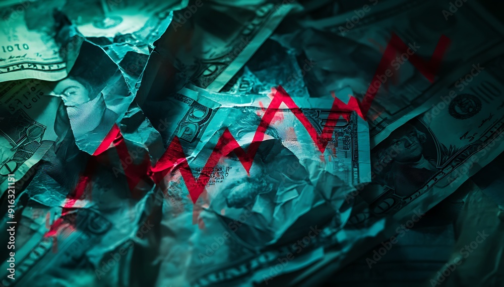 Poster 3D Rendering of Shattered Golden Coins Falling Apart Representing Currency Devaluation in Crisis