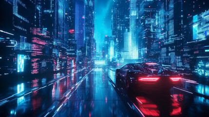 Smart city and big data connection technology concept with digital blue wavy wires with antennas on night megapolis city skyline background