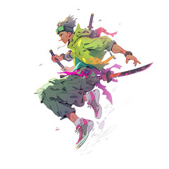 Obraz premium A Green-Clad Anime Character Leaping Through the Air with Swords.