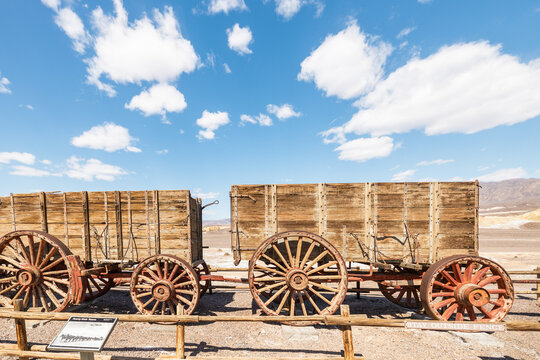 Historic wagon that was used in mining and transferring the borax from Death Valley to the Mojave by the twenty mule team. California, USA