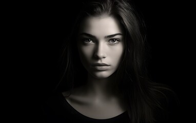 Fototapeta premium Dramatic portrait of a woman in low-key lighting, highlighting her intense gaze