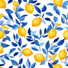 Vibrant Lemons and Blue Leaves Pattern on White Background: A Refreshing and Lively Design Perfect for Summer and Tropical Themes