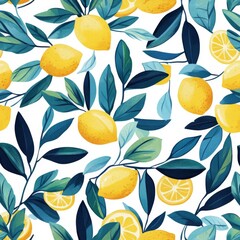 Vibrant Lemons and Blue Leaves Pattern on White Background: A Refreshing and Lively Design Perfect for Summer and Tropical Themes