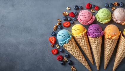 Colorful Ice Cream Cones with Berries and Nuts