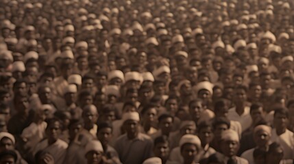 Obraz premium Sepia-toned image of a large crowd gathered in a solemn, historical event
