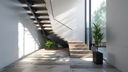 Obraz premium Modern Minimalist Staircase with Glass Railing and Natural Light