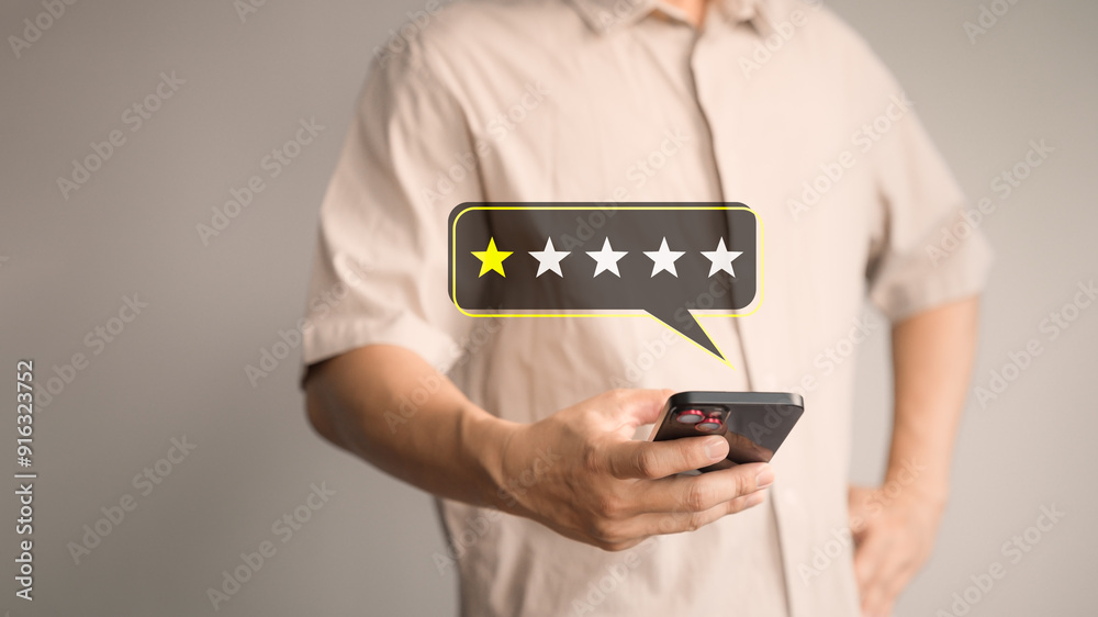 Poster customer review and feedback with rate 1 star on virtual screen. business concept of customer experi