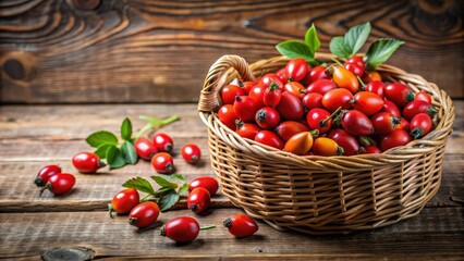 Fresh rosehip berries in a rustic woven basket, rosehip, berries, fresh, organic, natural, autumn, harvest, rustic