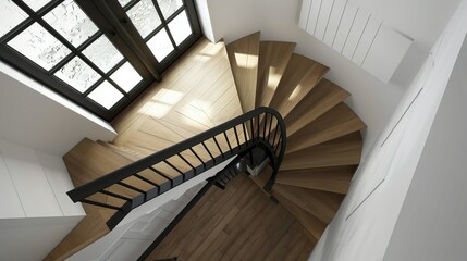 Modern Spiral Staircase with Black Railing and Wooden Steps
