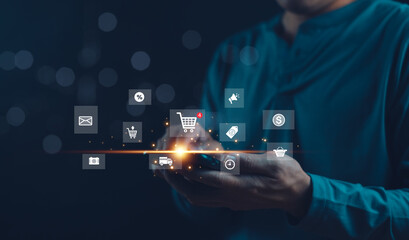 Person using smartphone with online shopping icons and notifications. Concept of mobile commerce and digital retail. Design for print and web