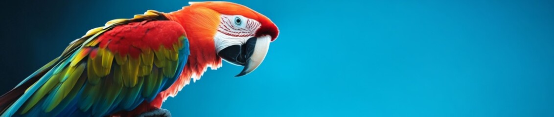 Obraz premium Vibrant Parrot in Full Feathered Splendor, Captivating Close-up of a Colorful Bird's Vivid Plumage and Sharp Beak Against a Blue Background.