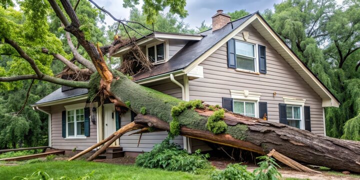 Falling tree on damaged house after storm, storm, fallen, tree, damage, house, disaster, destruction, aftermath