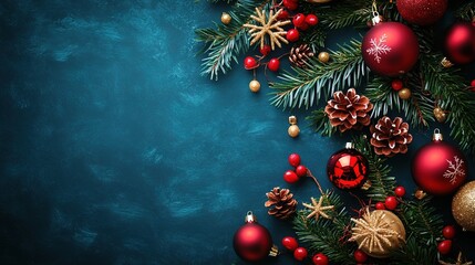 Christmas Cheer on Teal: Festive Flatlay with Copy Space 