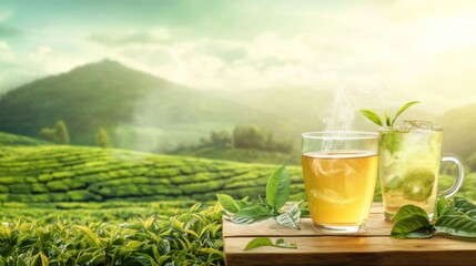 Green tea cup and hot tea cup happiness drinking tea beautiful green tea plantation blur background