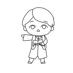 A young boy dressed in a priest's robe is holding a book and pointing to it