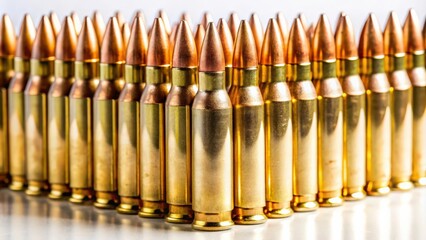 Close-up shot of rifle ammunition cartridges on a white background, firearms, bullets, shells, weapon, gun, rounds