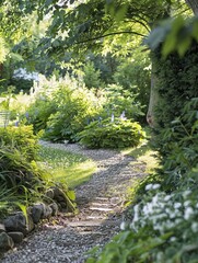 Obraz premium Serene Garden Pathway: Lush Greenery and Tranquil Nature Retreat
